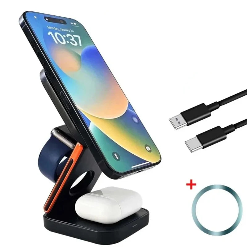 3 in 1 Foldable Magnetic Wireless Charger Stand Fast Charging Station for iPhone 16 15 14 13 12 iWatch 10-2 Airpods Pro Max