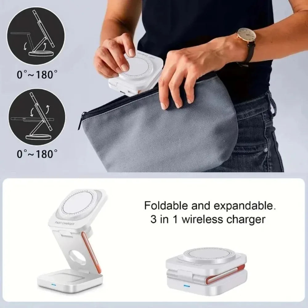 3 in 1 Foldable Magnetic Wireless Charger Stand Fast Charging Station for iPhone 16 15 14 13 12 iWatch 10-2 Airpods Pro Max