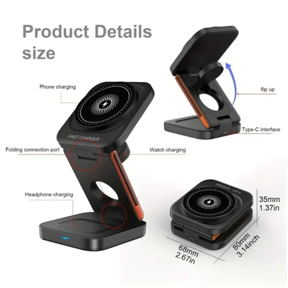 3 in 1 Foldable Magnetic Wireless Charger Stand Fast Charging Station for iPhone 16 15 14 13 12 iWatch 10-2 Airpods Pro Max